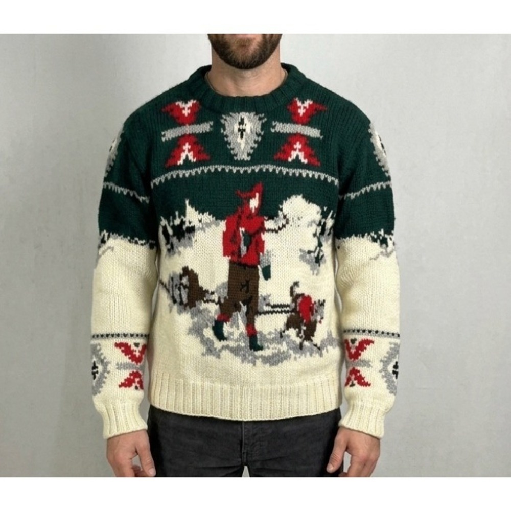 Woodwards Handknit Wool Sweater Large Green Cream Dog Sledding Vintage Intarsia